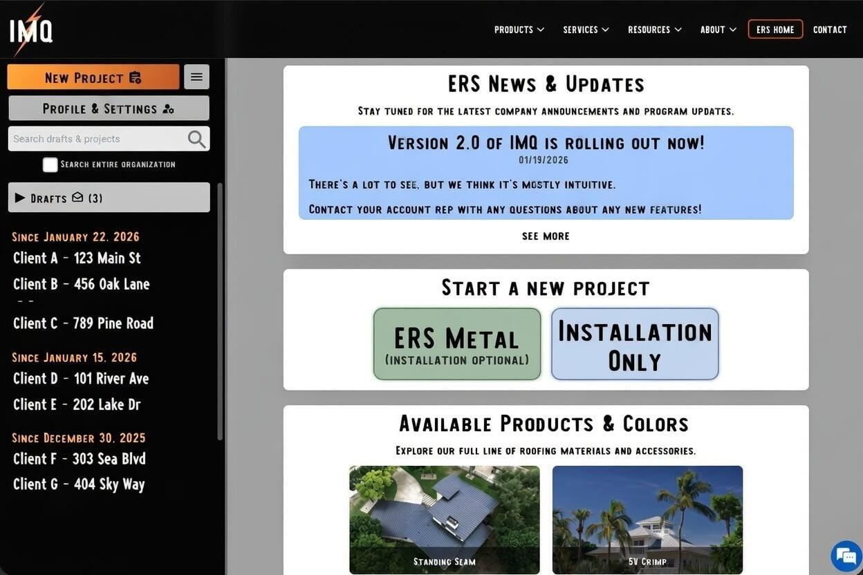 IMQ dashboard for instant metal roofing quotes